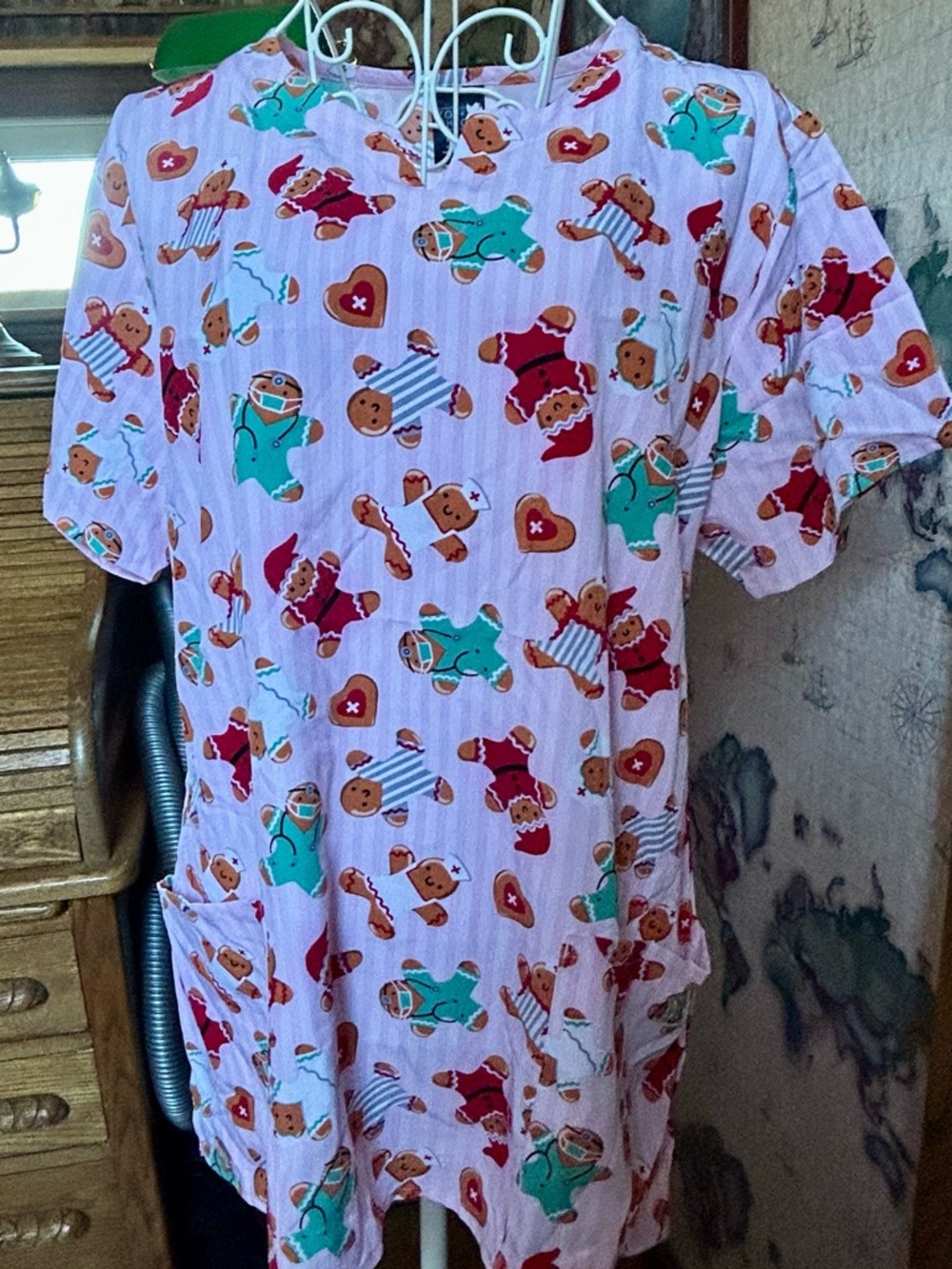 Zoe & Chloe Pink Striped Gingerbread Men Scrub Top